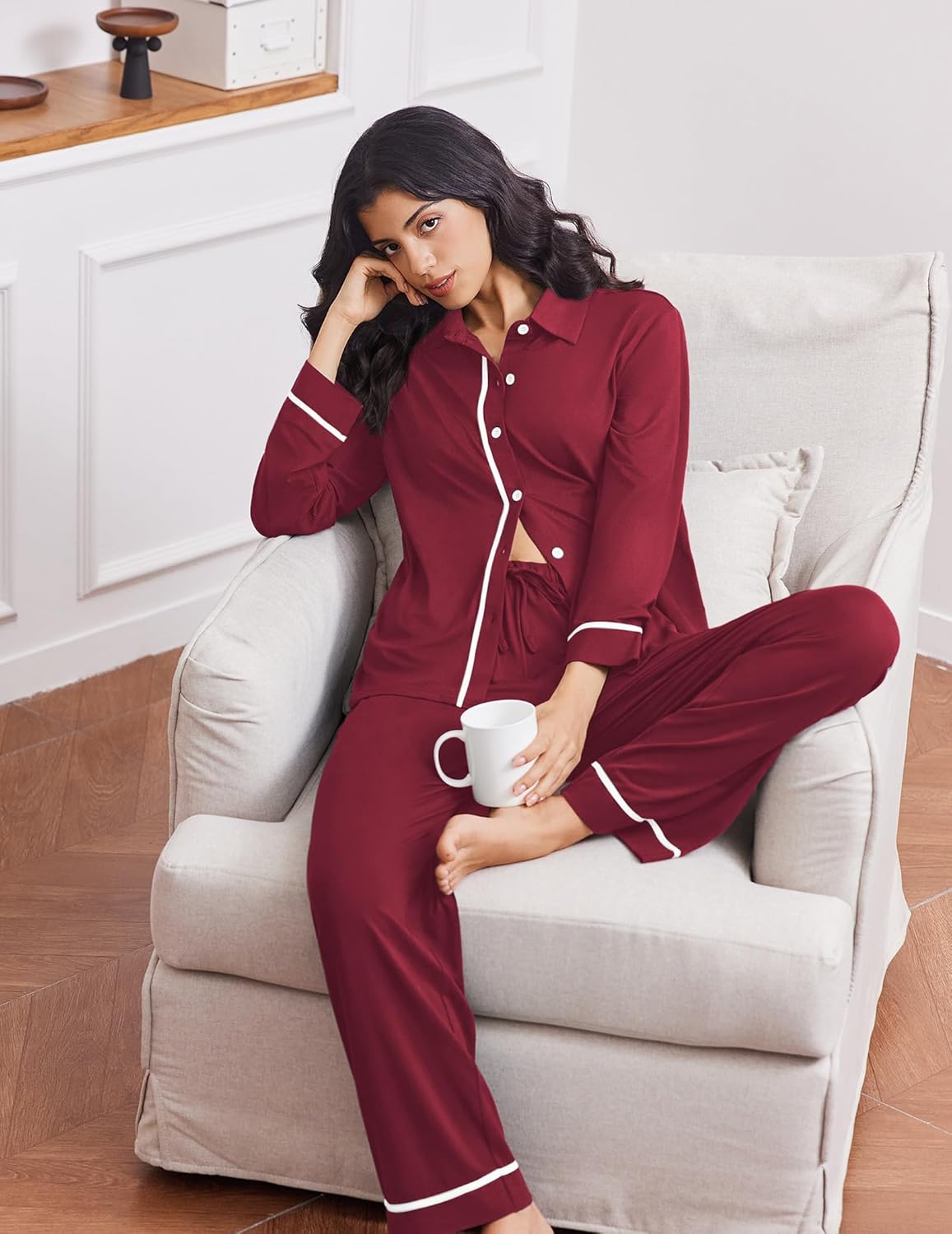 Wine red long-sleeve pajama set, button-front top with drawstring waist pants