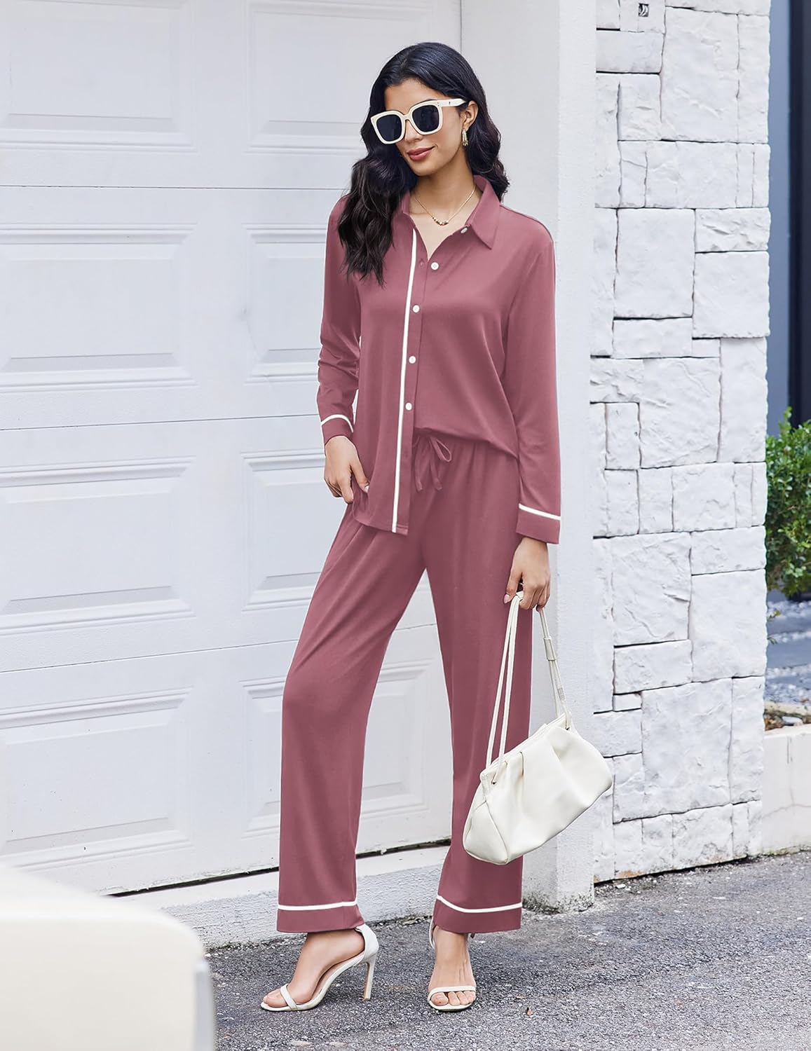 Old rose long-sleeve pajama set, button-down top with drawstring waist pants