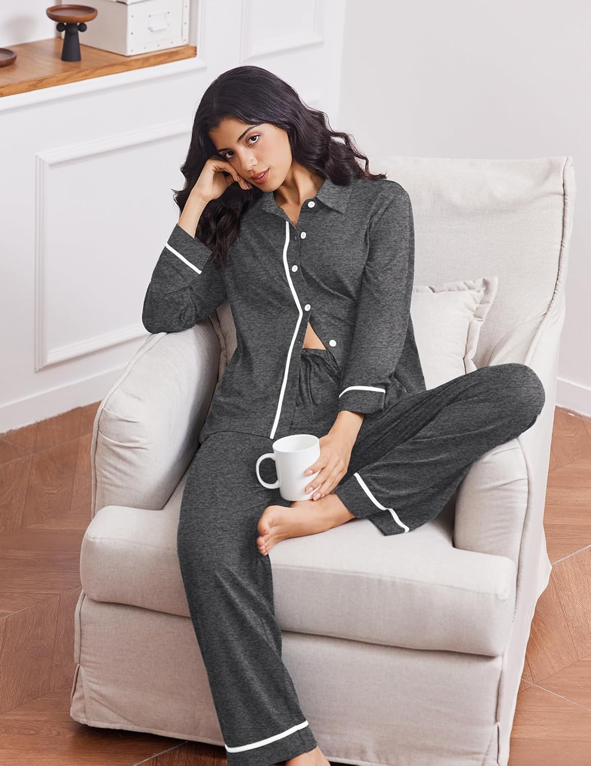 Dark grey long-sleeve button pajama set, relaxed fit with contrast piping on pants
