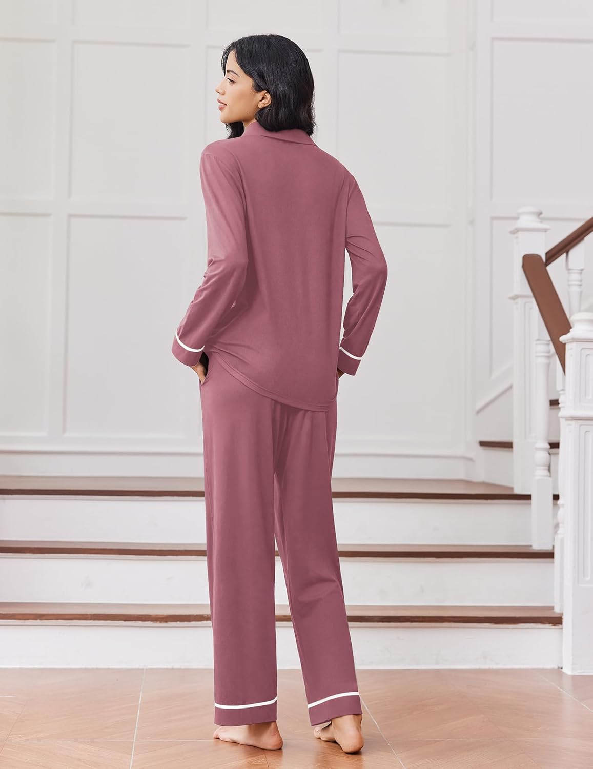 Old rose pajama set back view, long-sleeve button-front top and matching pants