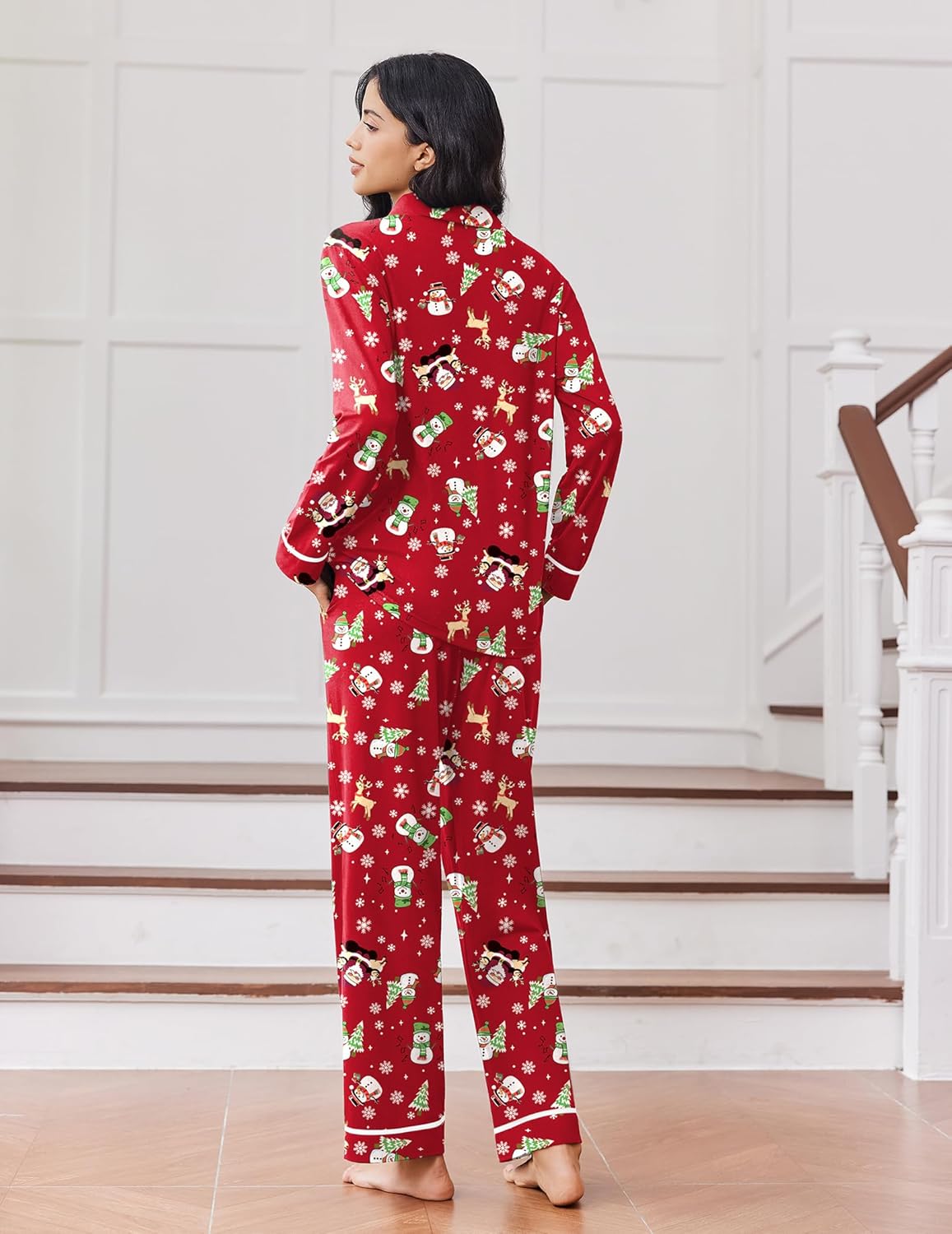 Red holiday pajama set from back view, long-sleeve button-down top and pants