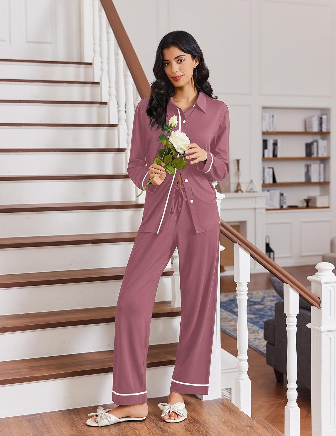 Old rose solid pajama set with long sleeves, button-front top, and matching pants