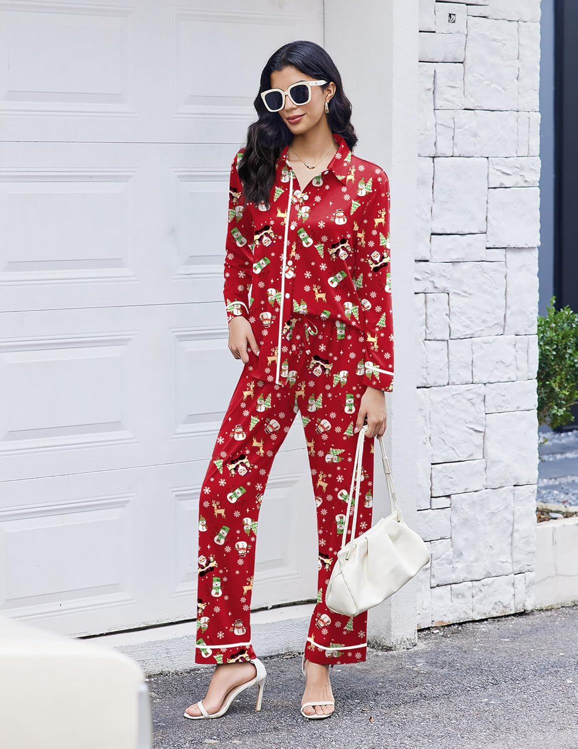 Red Santa-themed long-sleeve pajama set with button front and wide-leg pants