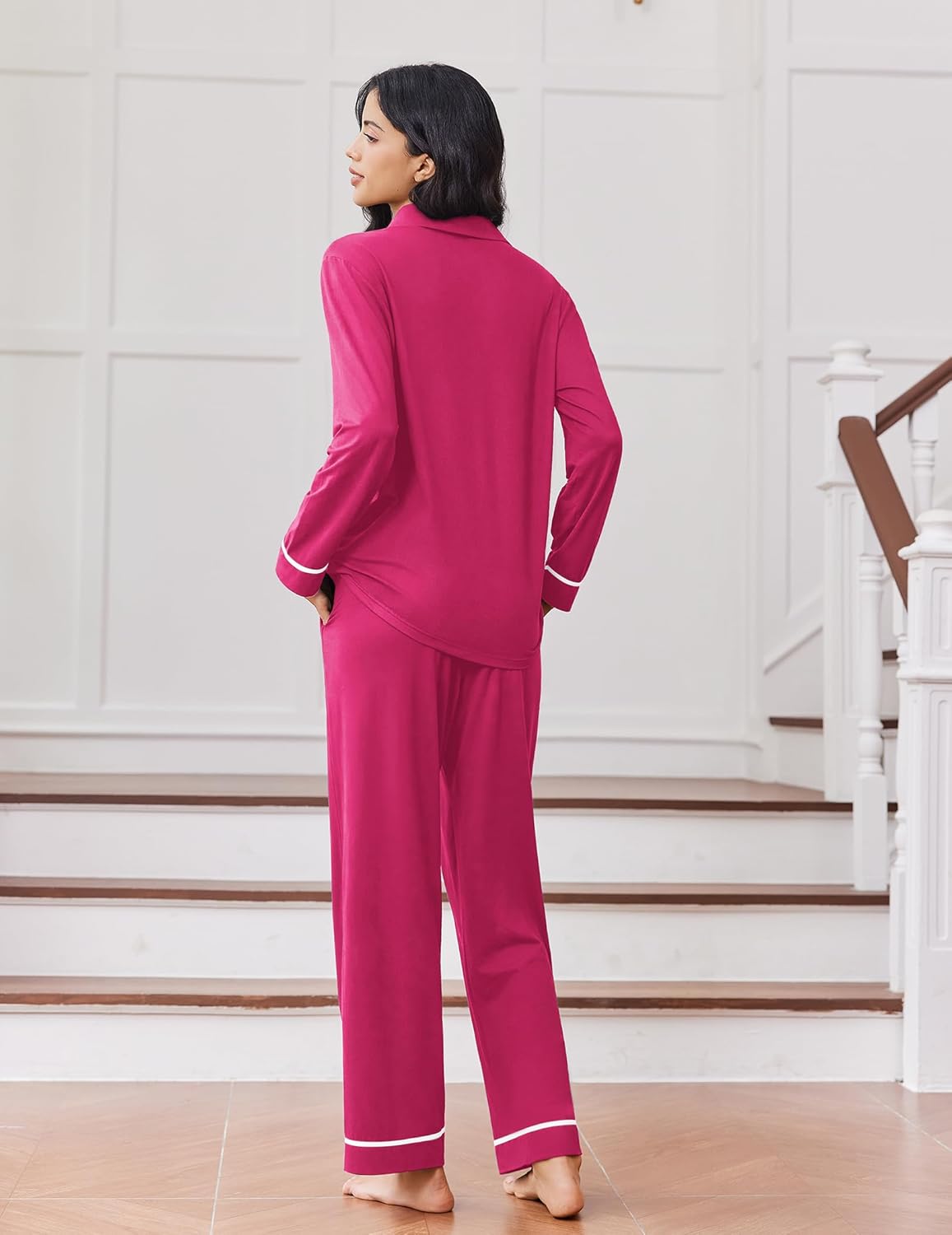 Back view of fuchsia pink long-sleeve button pajama set with matching pants