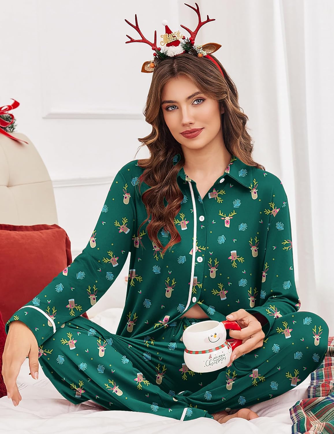 Green reindeer print long-sleeve pajama set with button front and matching pants