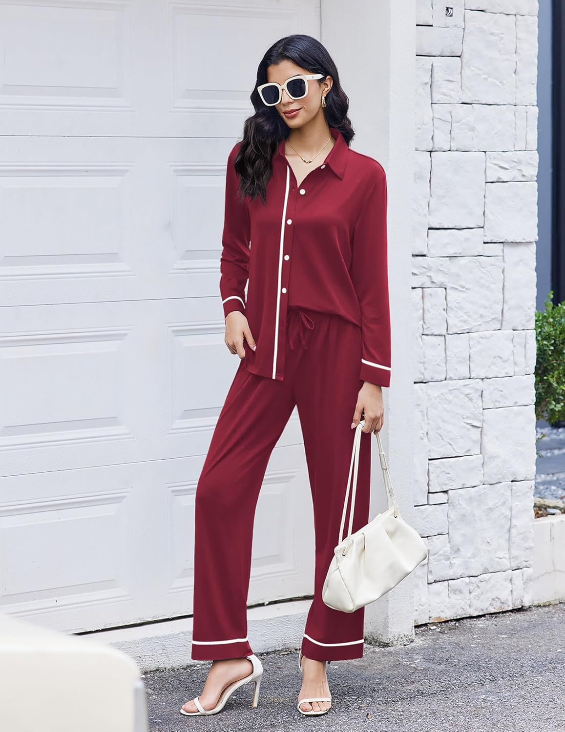 Wine red 2-piece pajama set with long button-down shirt and cuffed trousers
