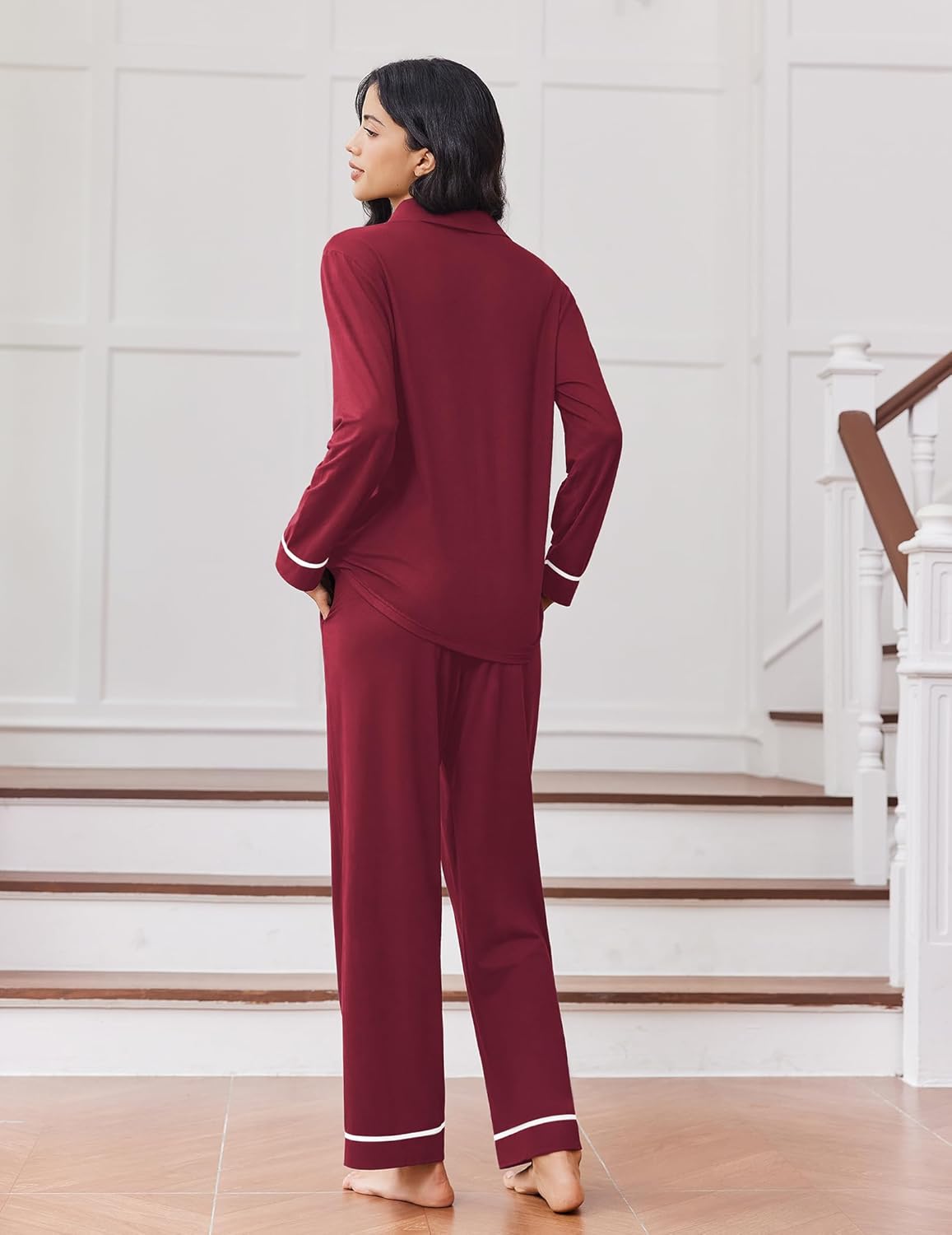 Wine red pajama set, long sleeve button-up top and straight-leg pants with trim