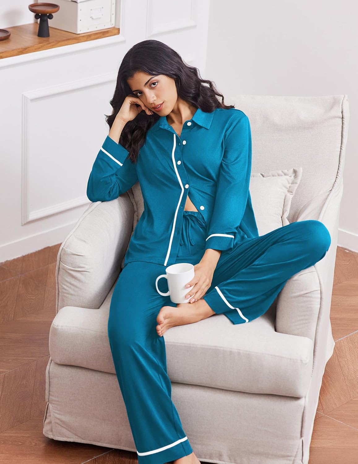 Teal long-sleeve button-down pajama set with matching drawstring pants and trim