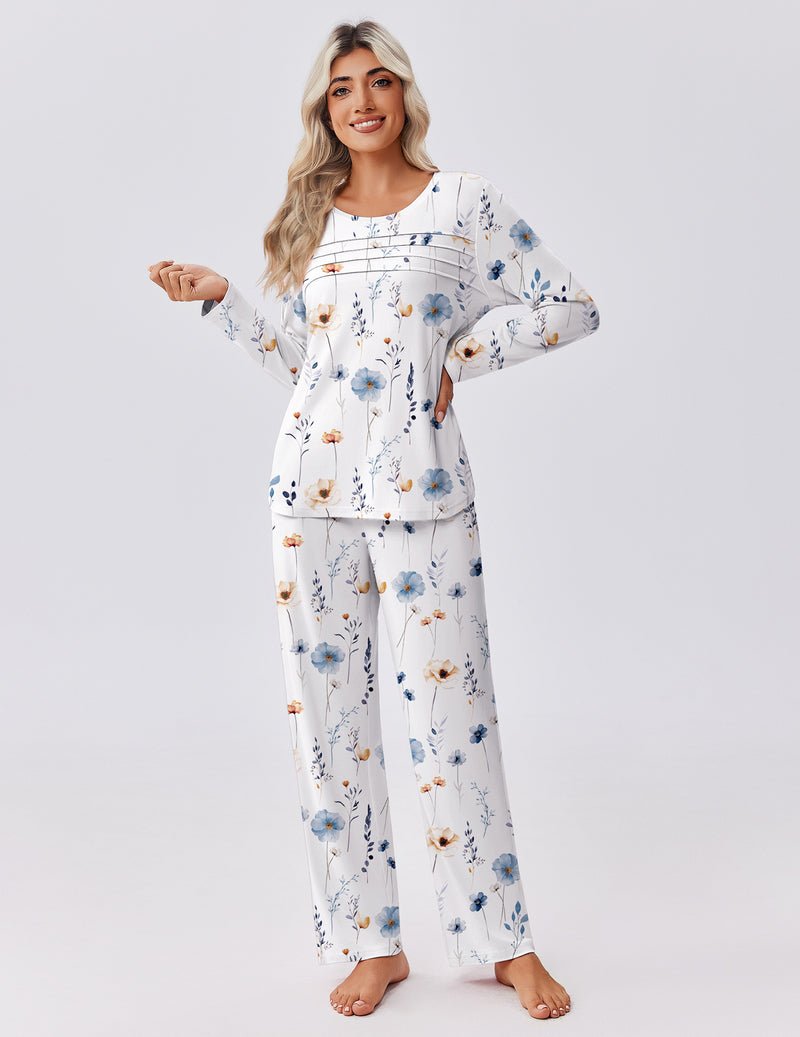 White floral pajama set with pleated long-sleeve top and wide-leg long pants