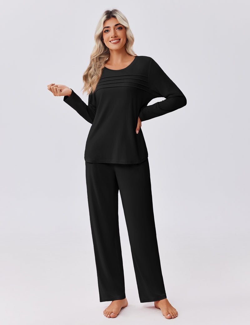 Black lounge pajama set with long sleeves and wide-leg long pants