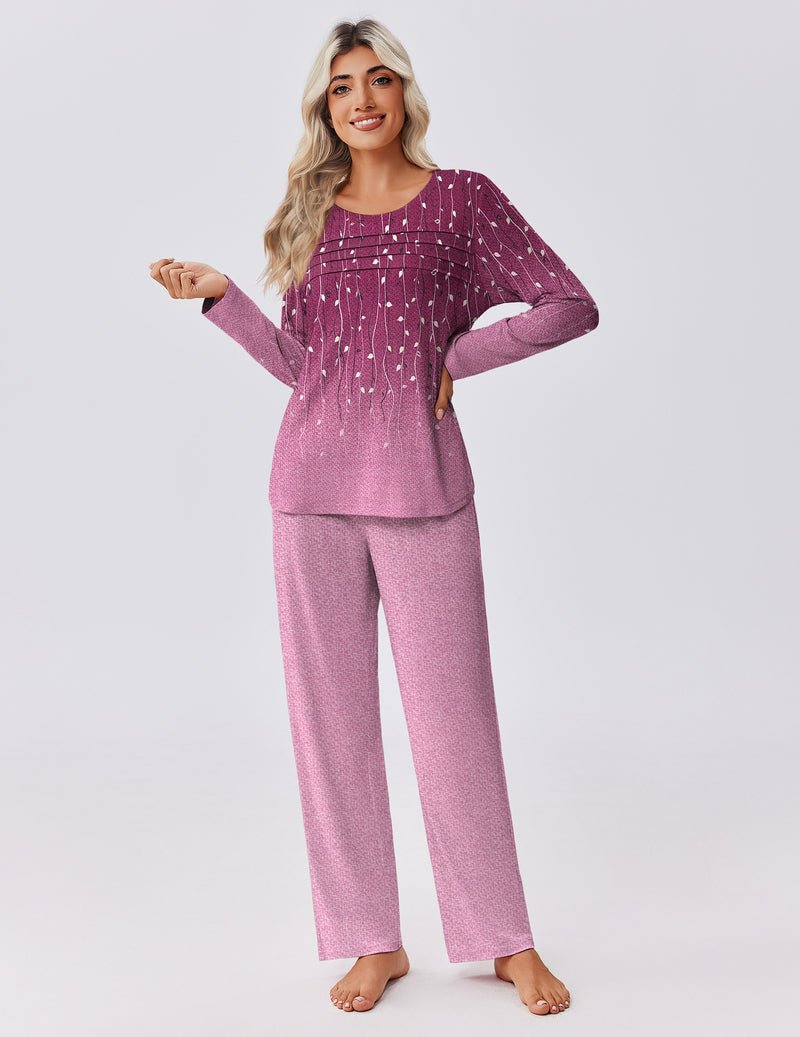 Conjunto de pijama burdeos con top de manga larga y pantalón largo a juego, moteado