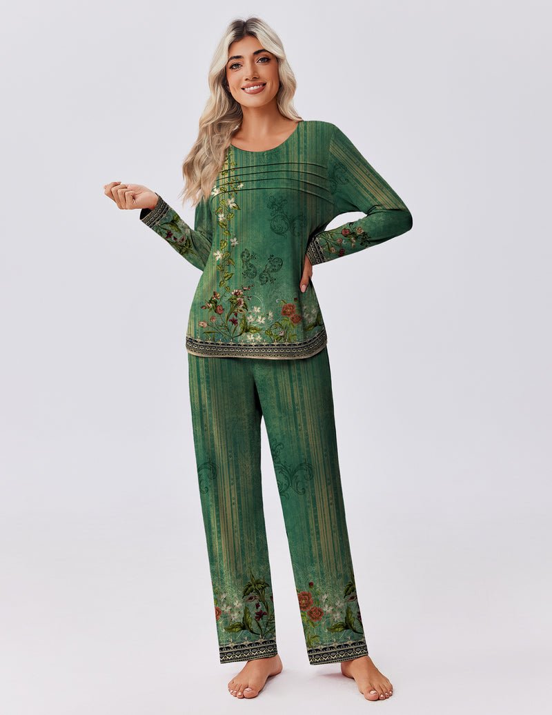 Green printed pajama set with long-sleeve top and long pants