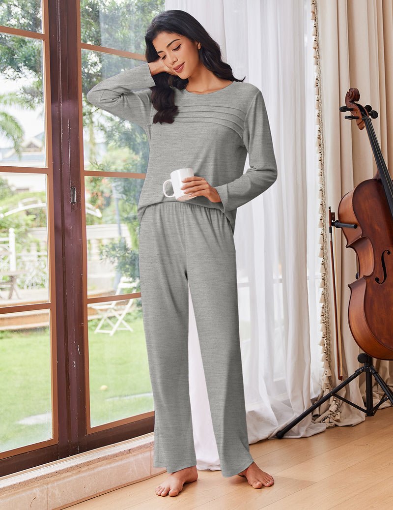 Grey long-sleeve lounge set with matching long pants, gathered waist detail