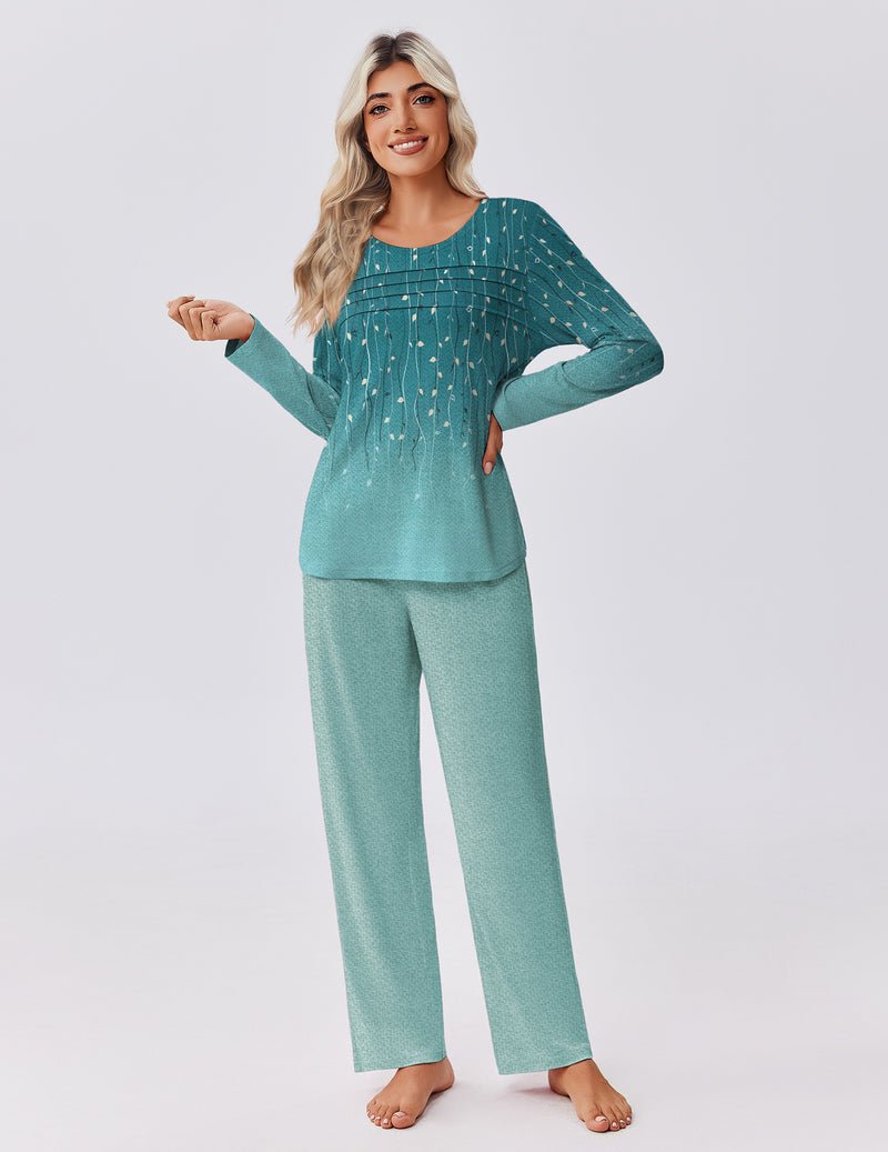 Conjunto de pijama verde salvia con top de manga larga y pantalón largo recto texturizado