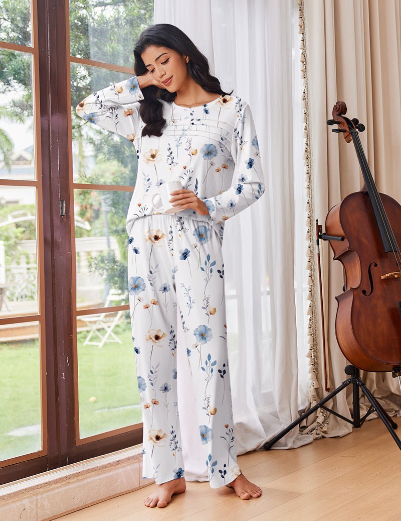 White floral long-sleeve pajama set with matching long pants