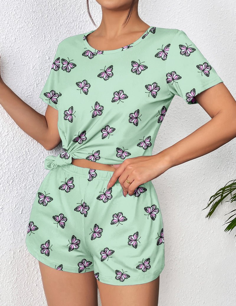 Mint green butterfly pajama set, short-sleeve top and matching drawstring shorts