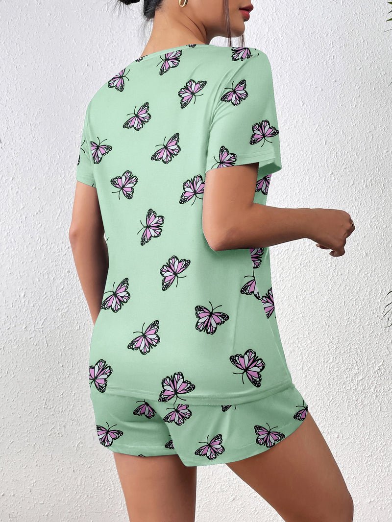 Mint green butterfly pajama set, short-sleeve top and elastic-waist shorts