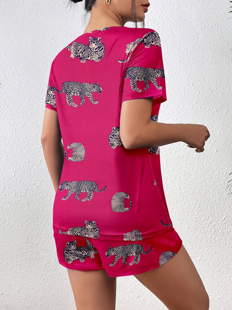 Hot pink animal print pajama set, short-sleeve top and matching shorts