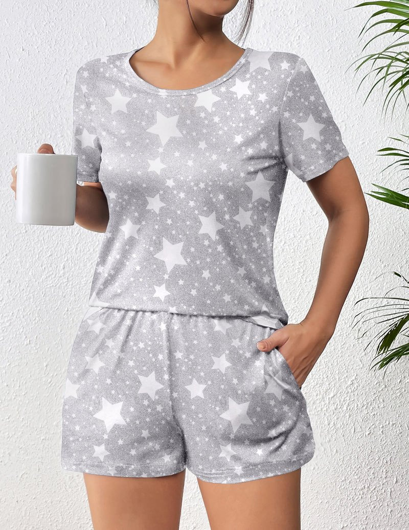 Light gray star pajama set, short-sleeve top and matching elastic-waist shorts