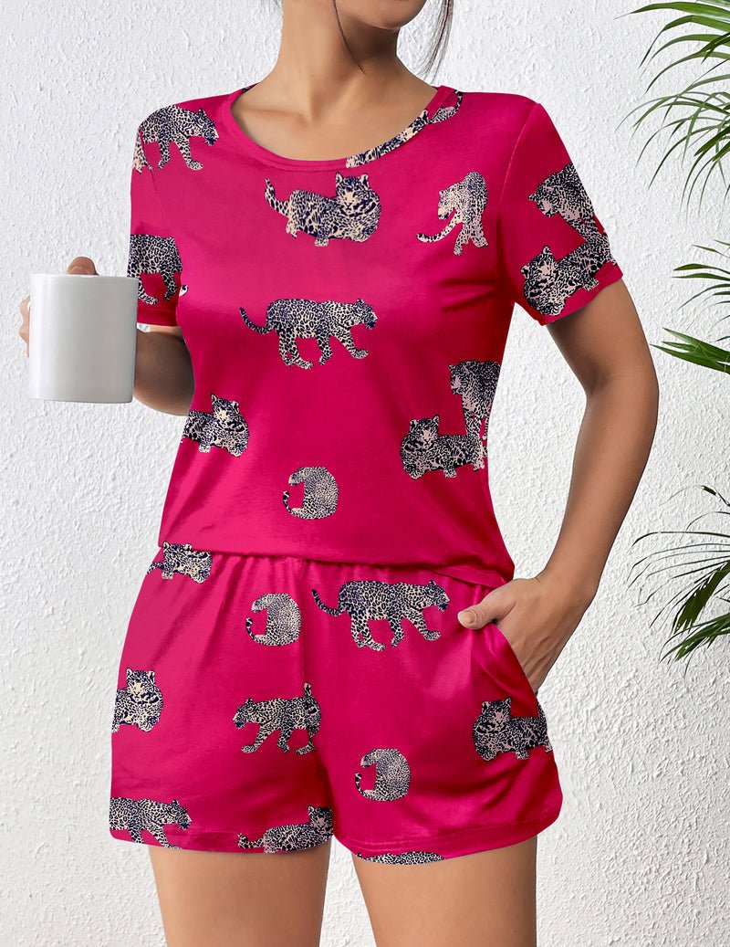 Hot pink animal print pajama set, short-sleeve top and elastic-waist shorts