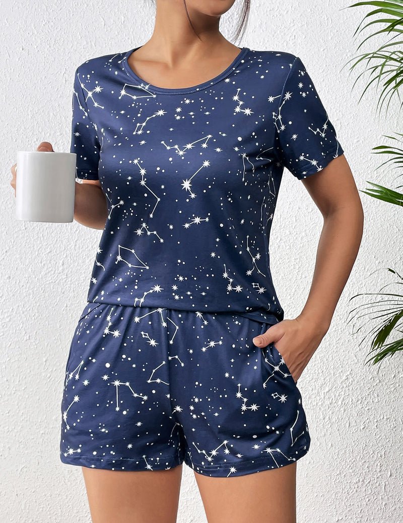 Navy short-sleeve pajama set with white star constellation print, matching shorts