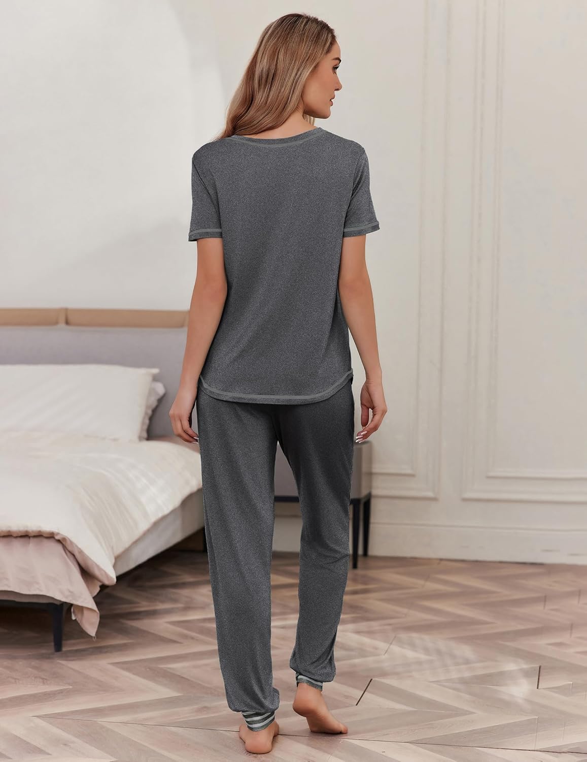 Dark gray pajama set from the back: short-sleeve tee and long jogger-style pants