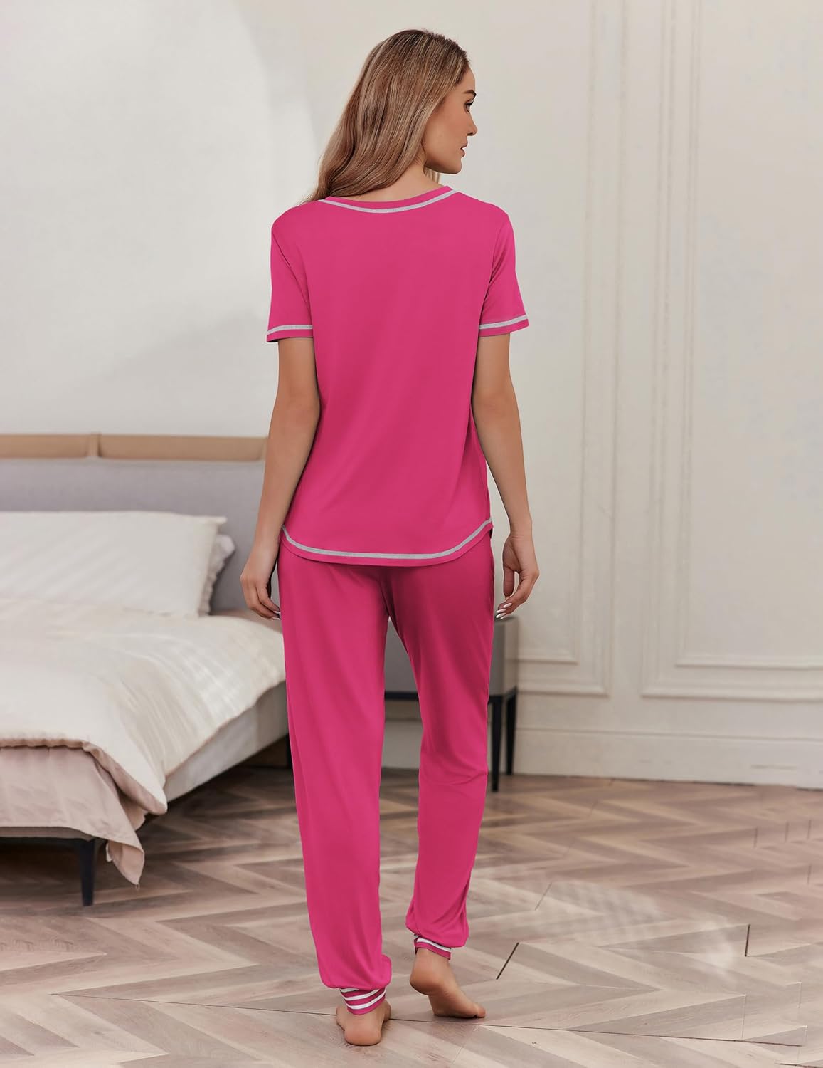 Fuchsia short-sleeve pajama set, back view: T-shirt and cuffed pants with trim