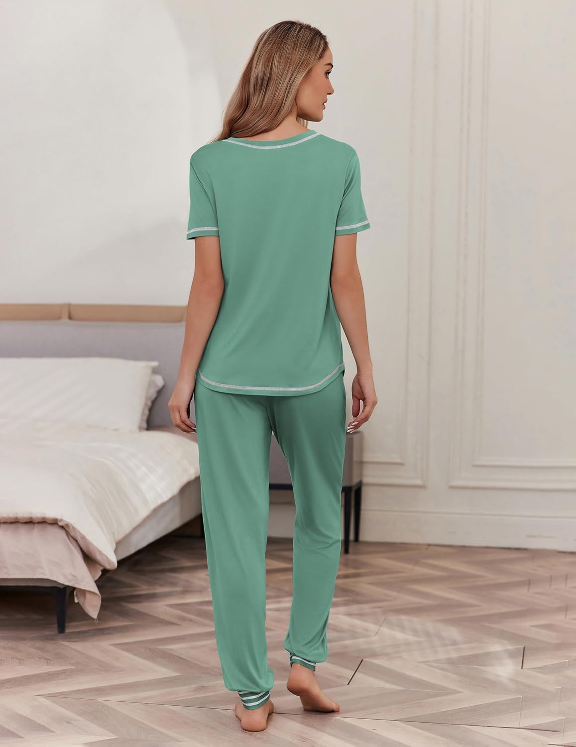 Back view teal short-sleeve pajama set, matching top and drawstring jogger pants