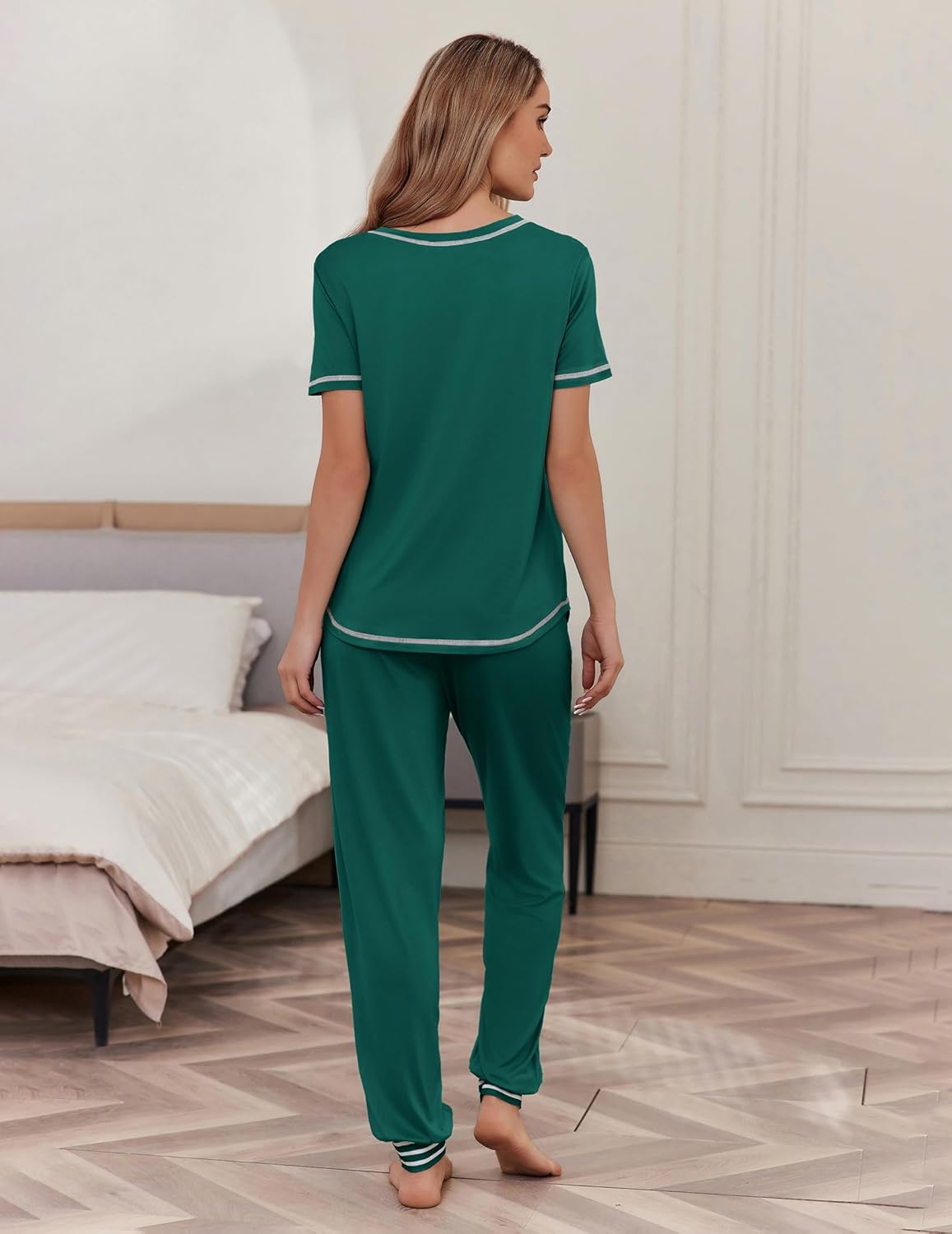 Teal short-sleeve pajama set, back view with contrast trim and tapered drawstring pants