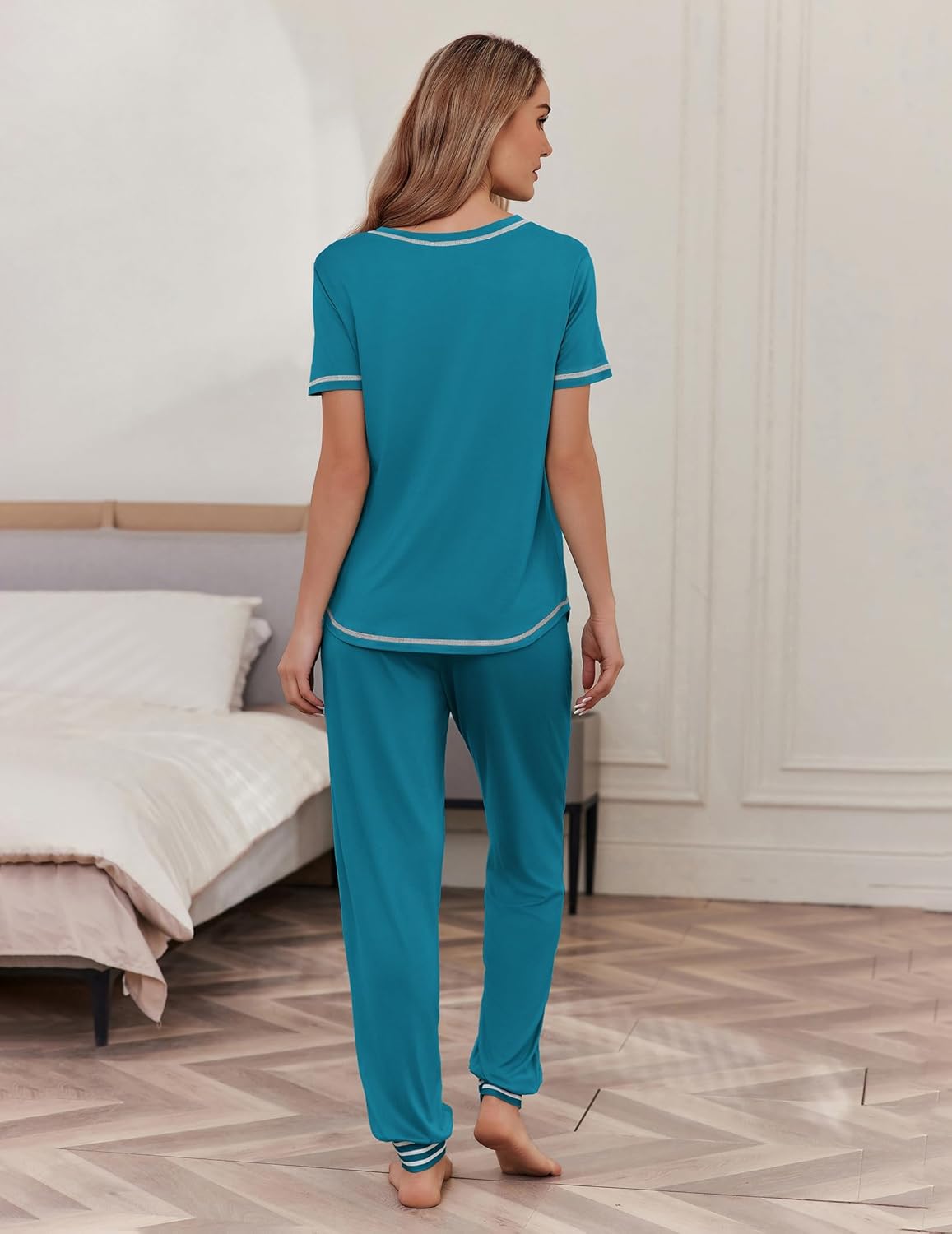 Teal short-sleeve pajama set, back view with contrast trim and drawstring pants