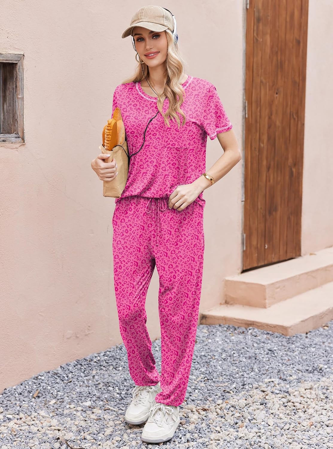 Light pink printed short-sleeve pajama set with drawstring waist and long pants