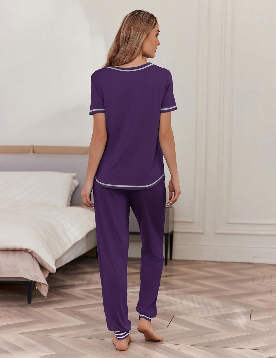 Purple short-sleeve pajama set, back view with contrast trim and drawstring pants