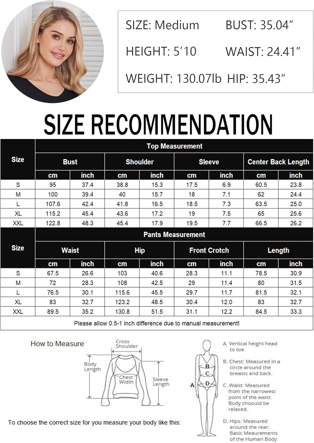 Size recommendation chart for pajama top and capri pants, medium measurements