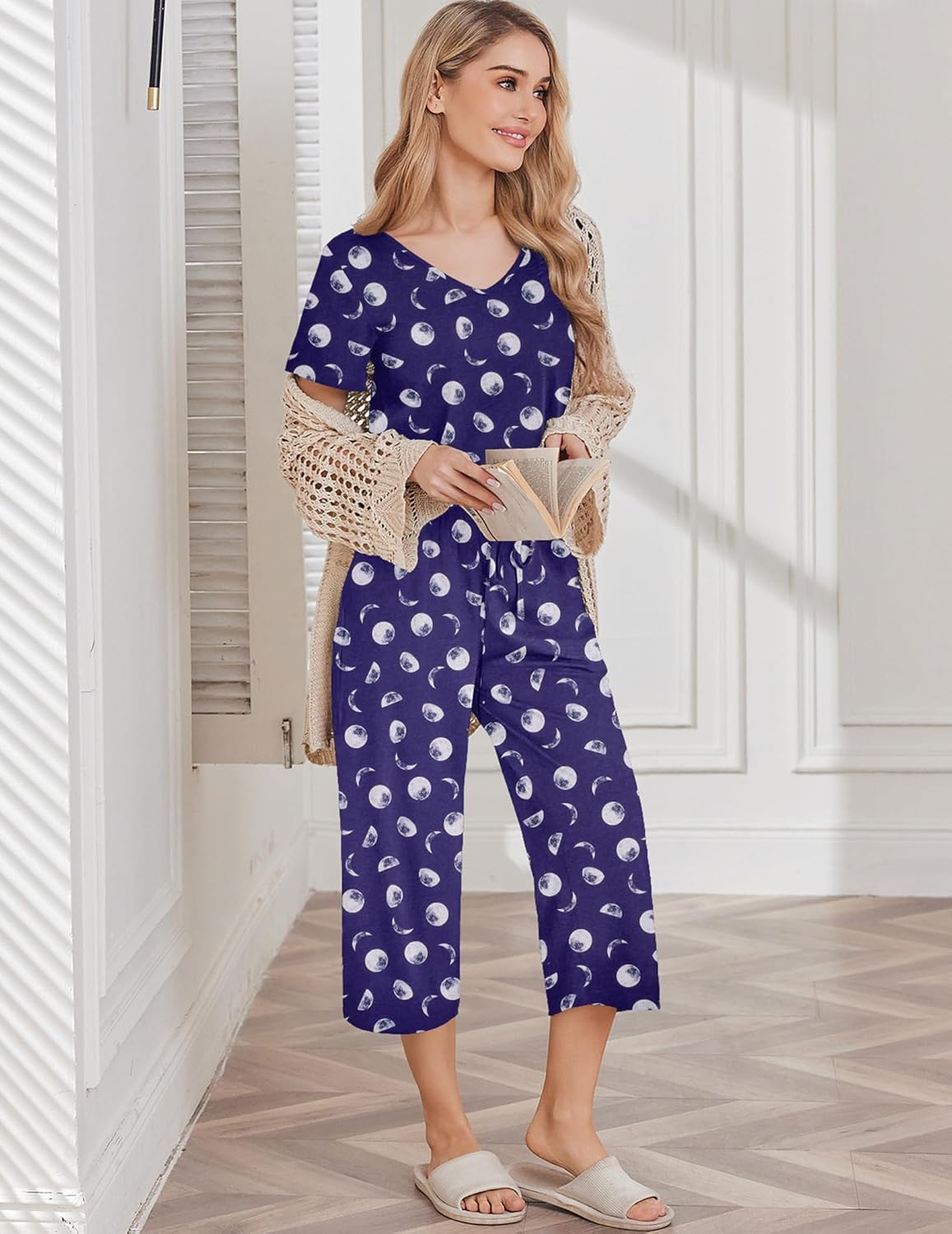 Navy cotton pajama set with short-sleeve top and capri pants, white circle print