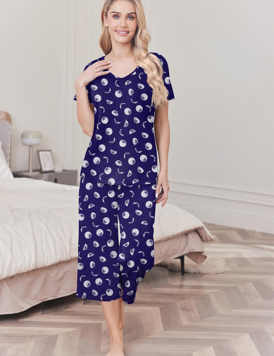 Navy cotton pajama set with short-sleeve top and capri pants, white circle print