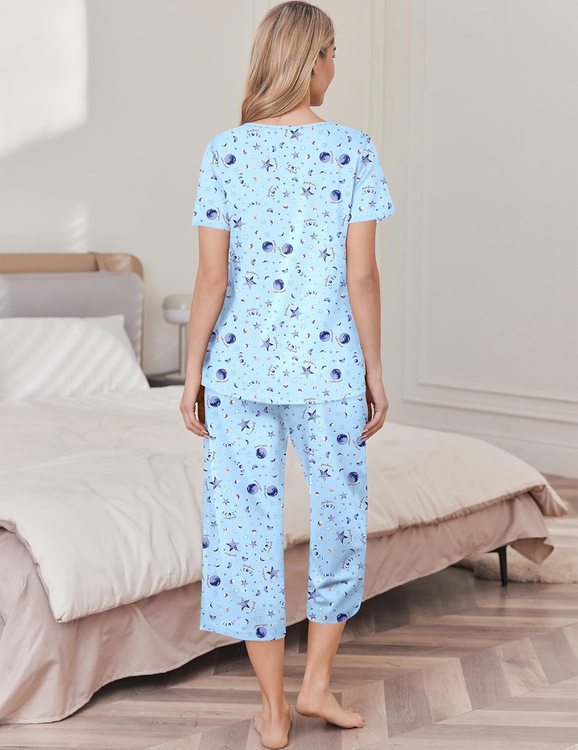 Light blue cotton pajama set with short-sleeve top and capri pants, back view