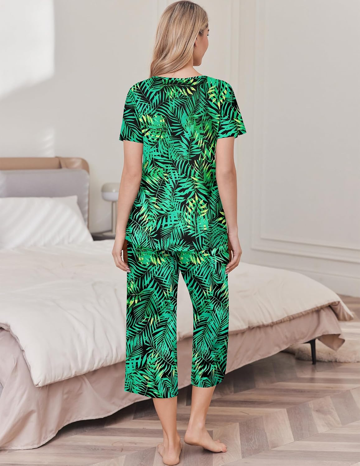 Green leaf print pajama set, short-sleeve top and knee-length capri pants, back view