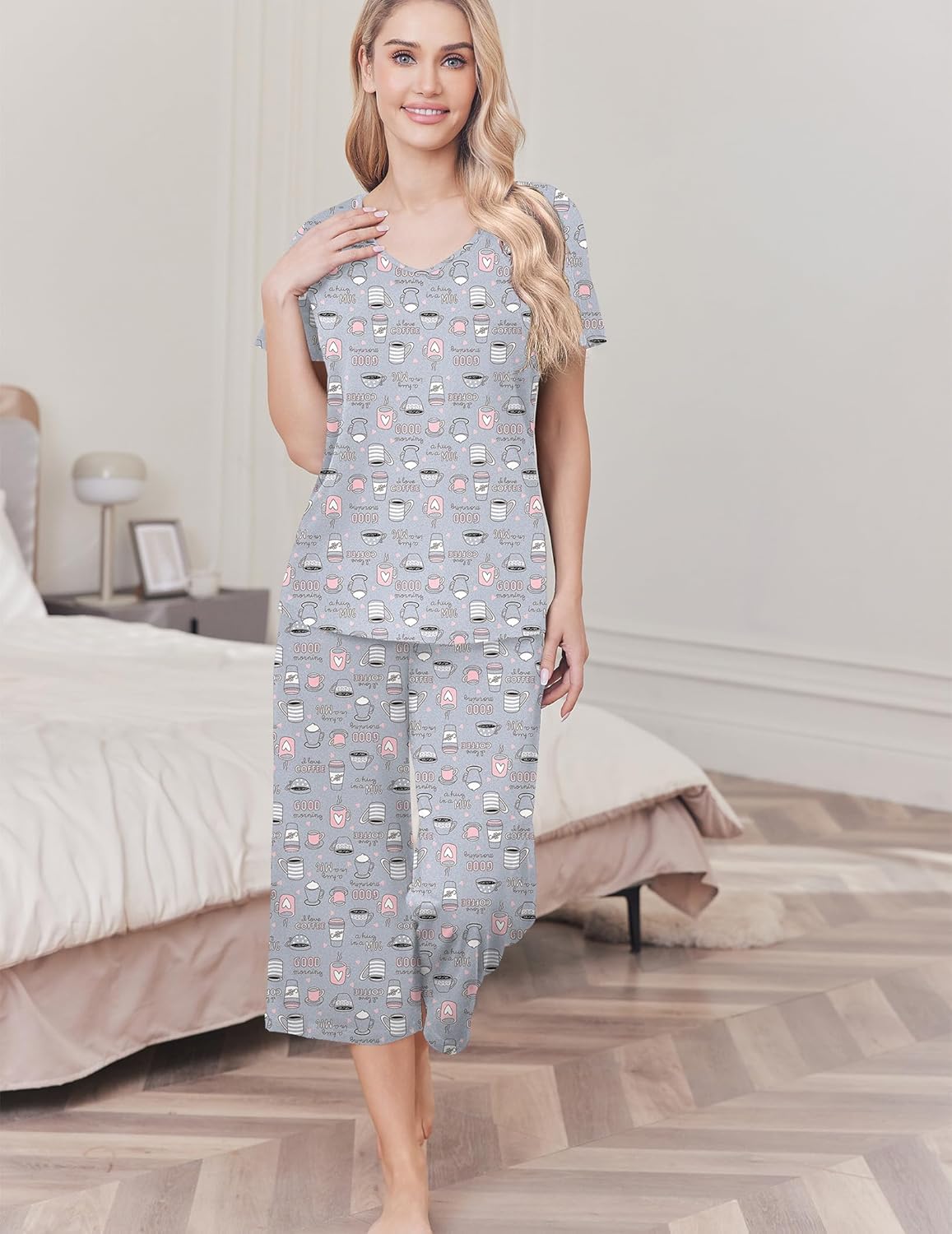 Gray icon-print pajama set with short-sleeve top and knee-length capri pants