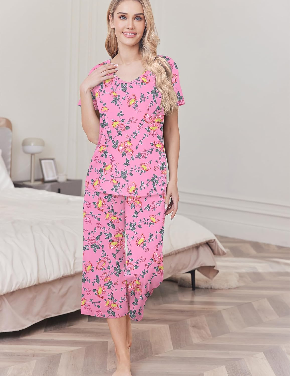 Pink floral cotton pajama set with short-sleeve top and capri pants