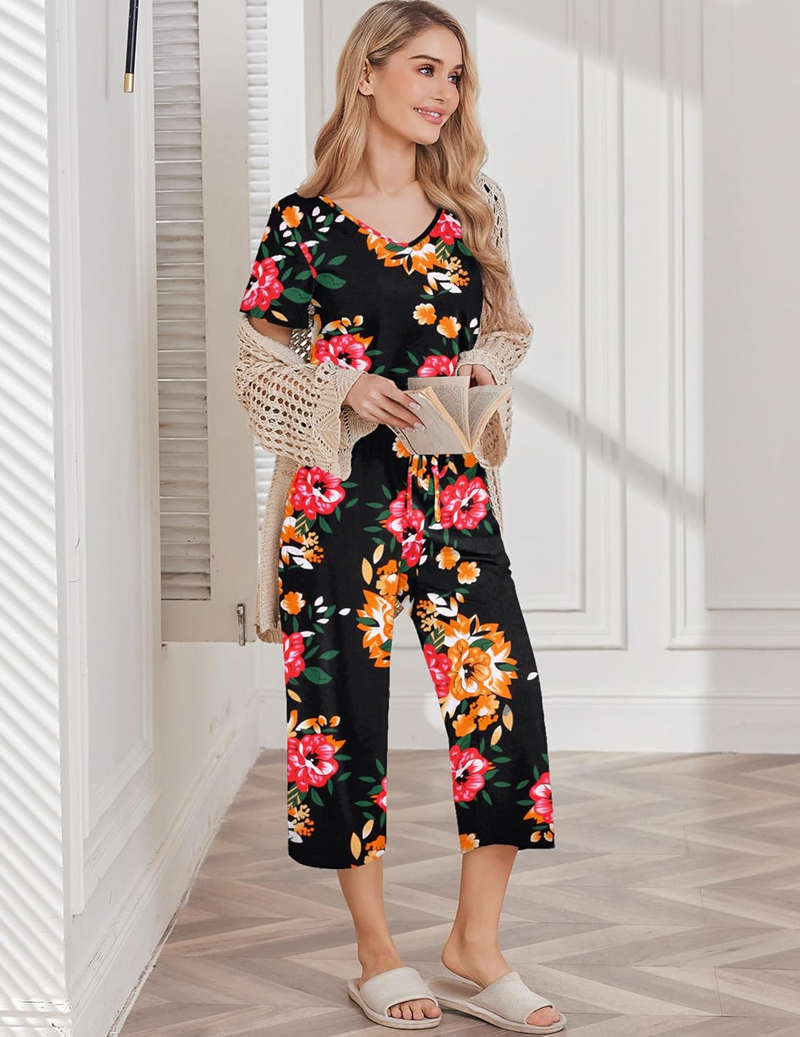 Cotton pajama set with dark floral top and capri pants, scoop neckline