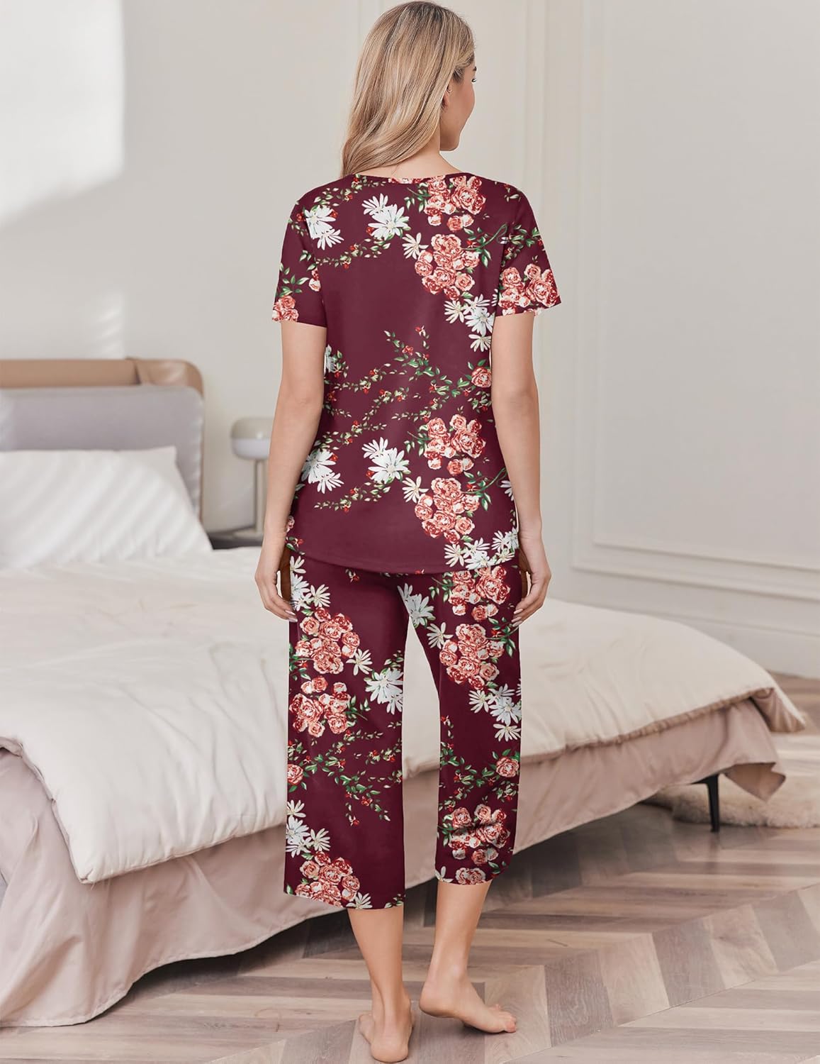 Back view wine red floral pajama set with short-sleeve top and capri pants
