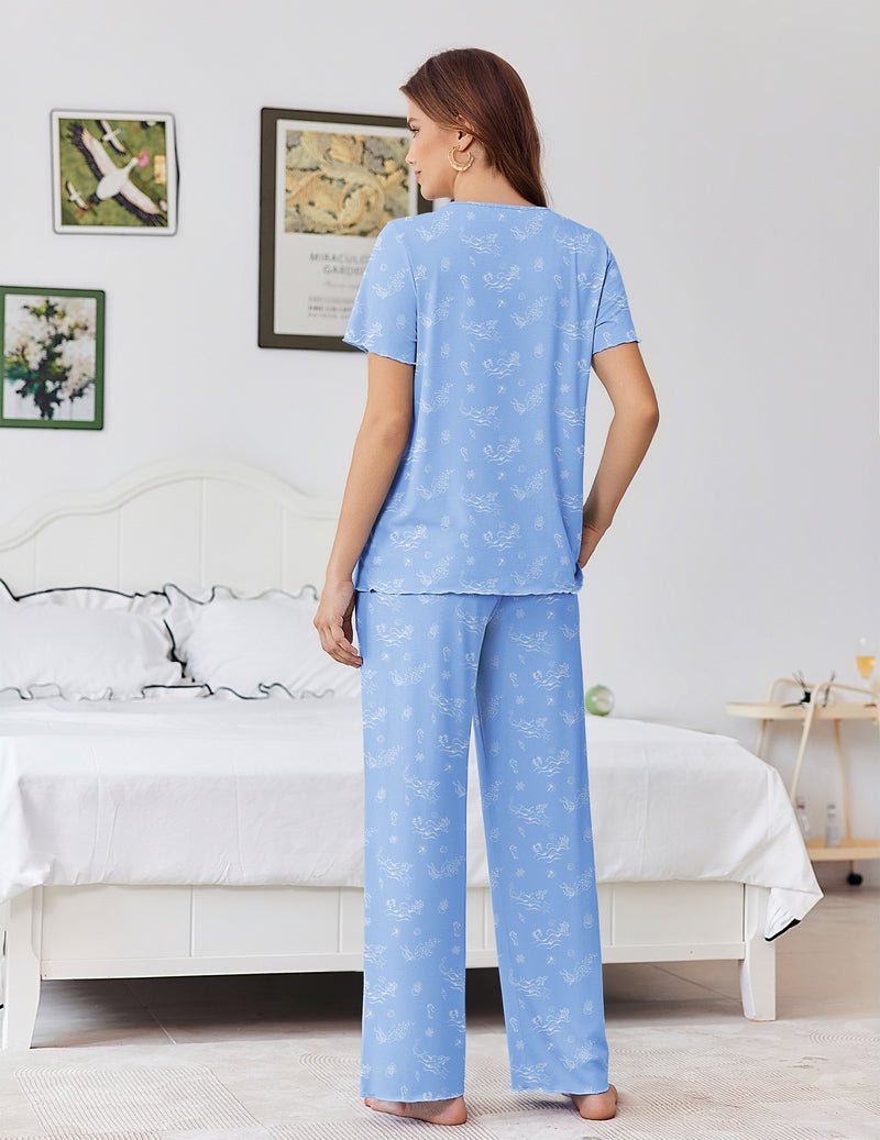 Light blue pajama set, back view: short-sleeve top with matching wide-leg pants