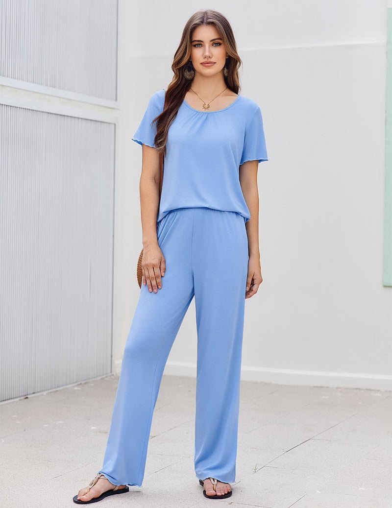 Light blue bamboo viscose pajama set: short-sleeve top and wide-leg pants