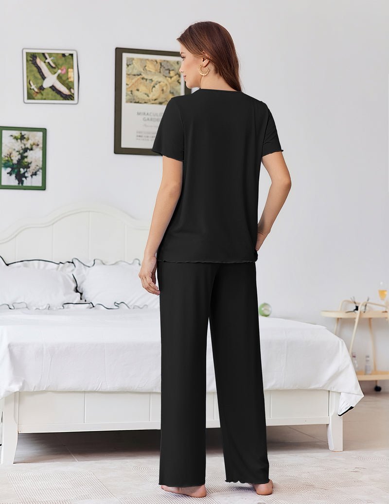 Black pajama set, back view: short-sleeve top with wide-leg lounge pants