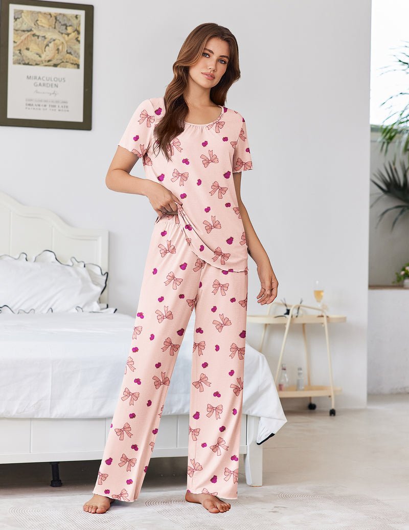 Bamboo viscose pajama set, light pink with bow-and-butterfly print, short-sleeve top and wide pants