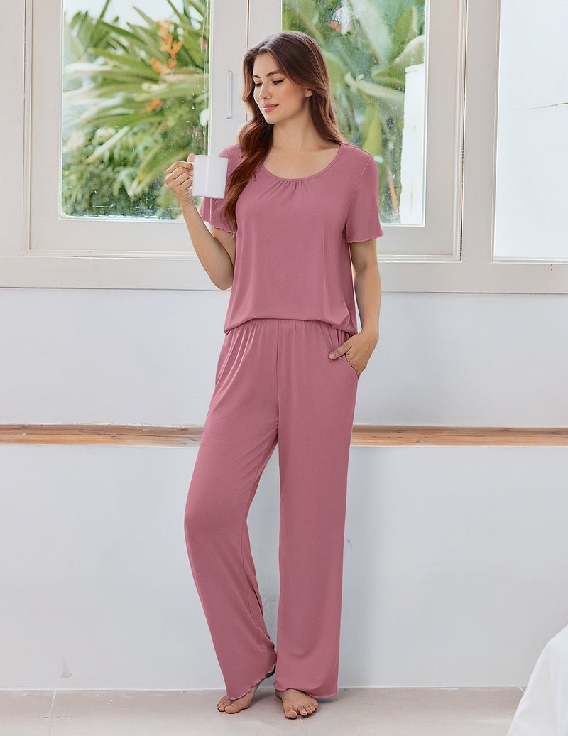 Bamboo viscose pajama set in dusty rose, short-sleeve top with relaxed fit and matching wide-leg pants