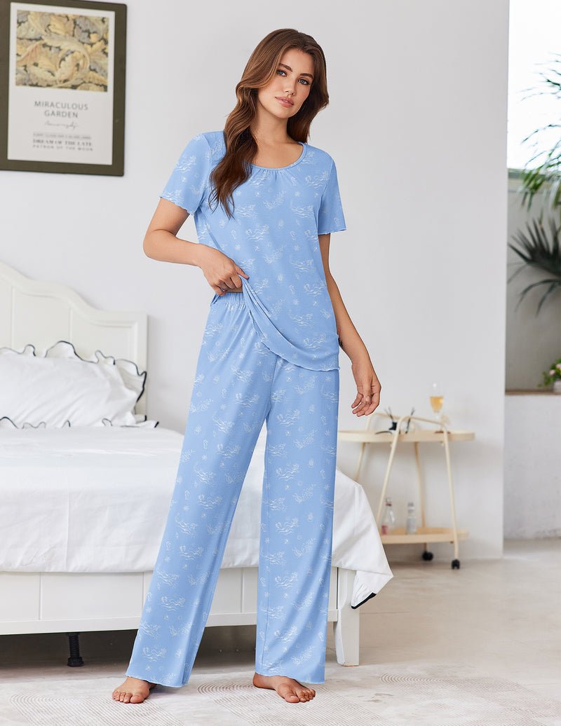 Light blue bamboo viscose pajama set: printed short-sleeve top and wide-leg pants