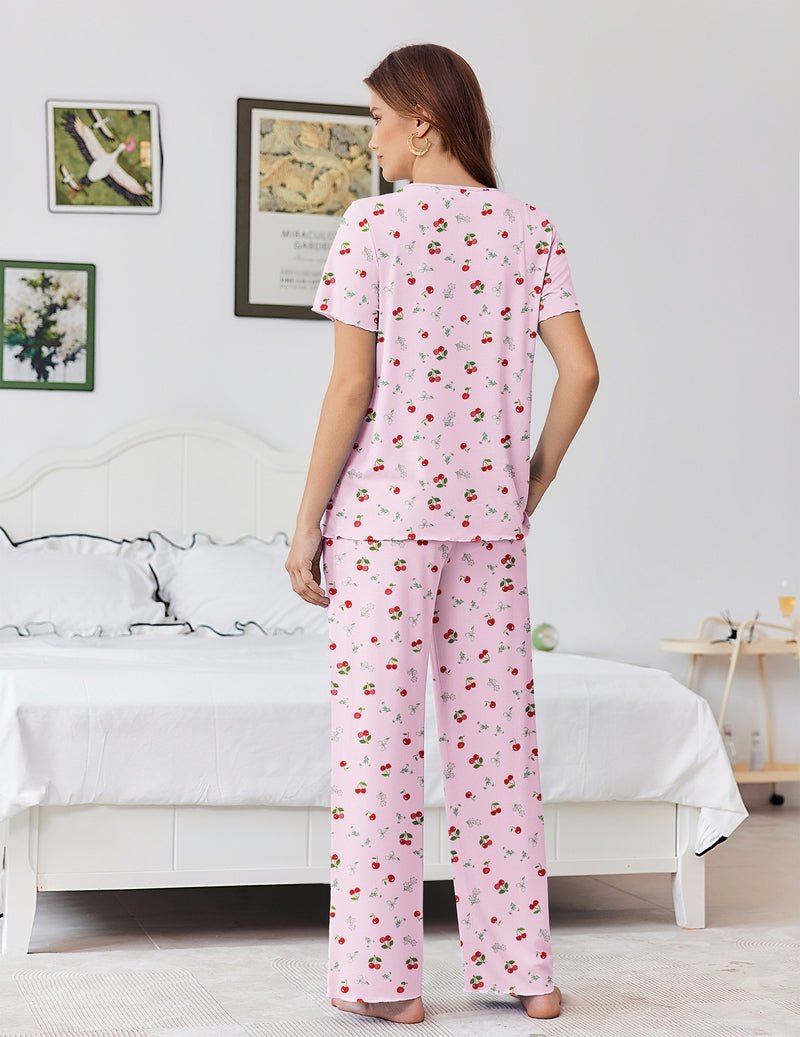 Bamboo viscose pajama set, light pink with cherry-and-flower print, back view of top and wide pants