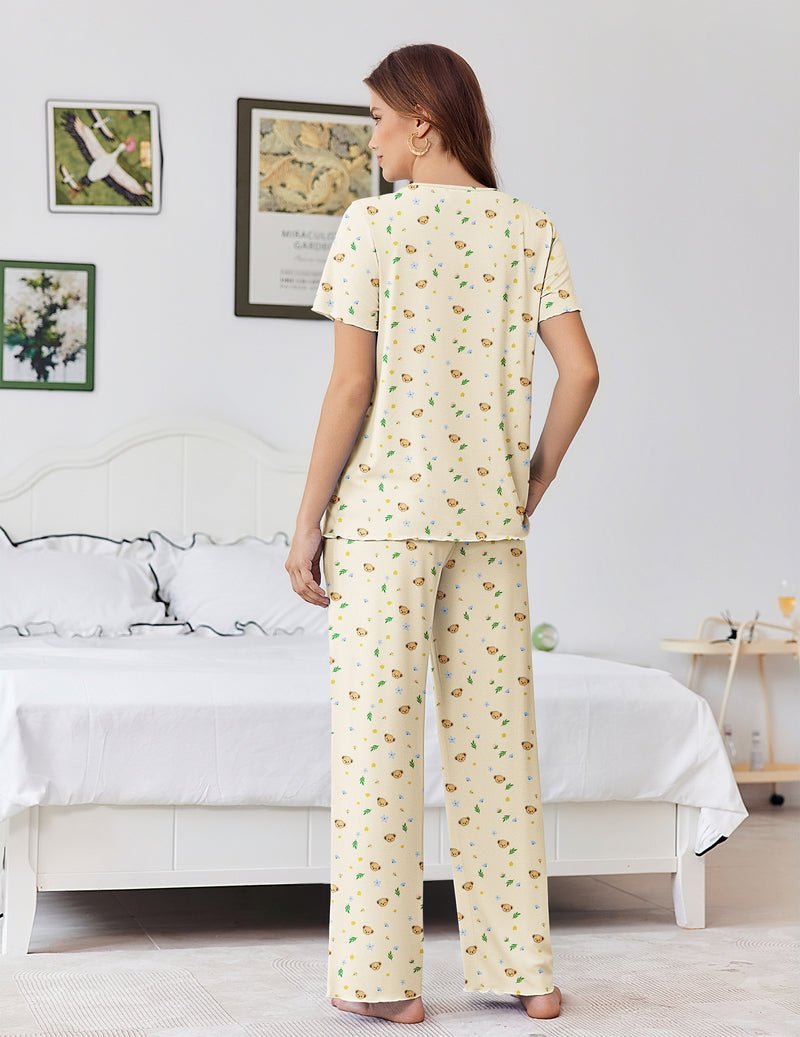 Bamboo viscose pajama set, cream with small multicolor print, short-sleeve top and pants.