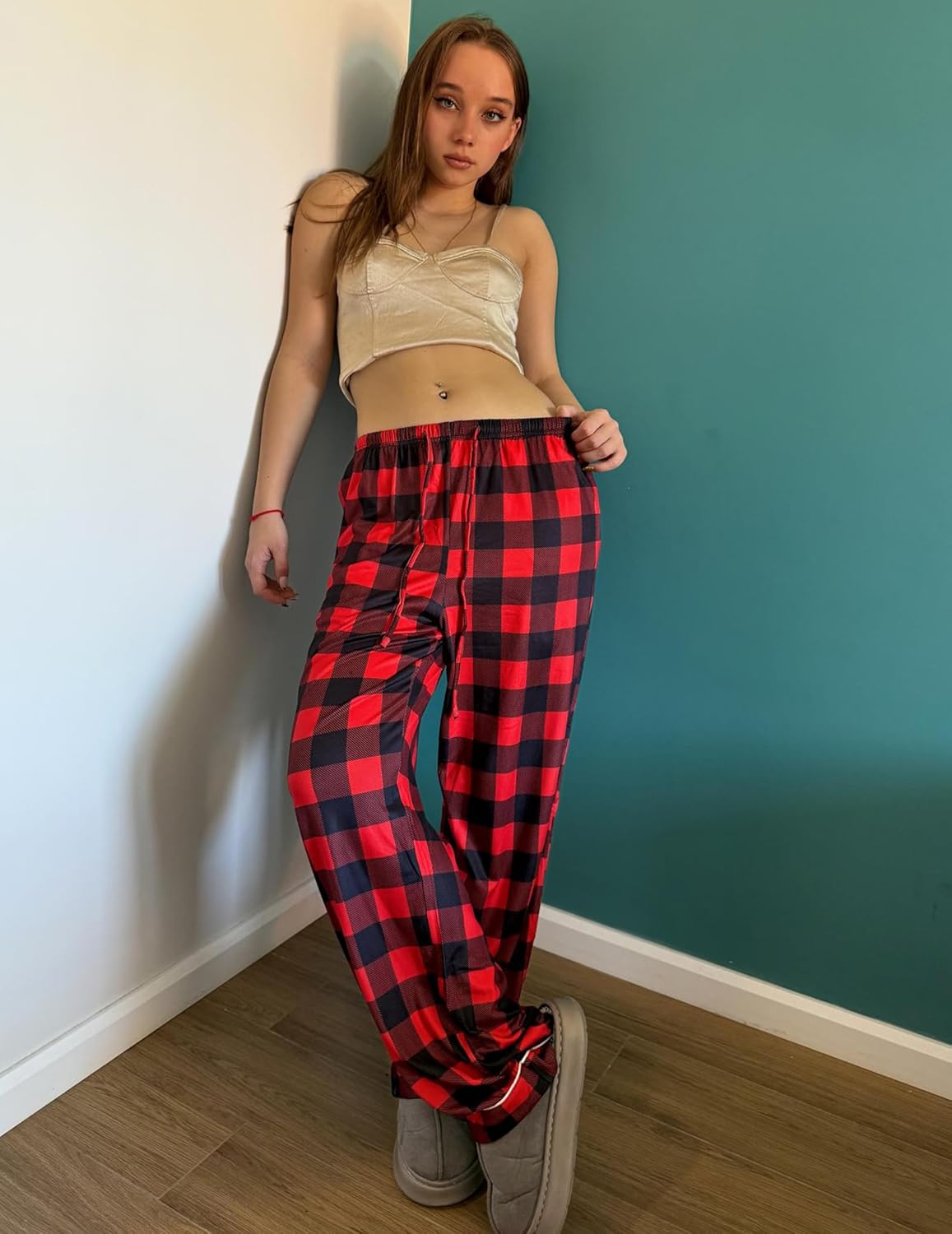 Black and red buffalo plaid pajama pants, elastic waistband, relaxed straight leg